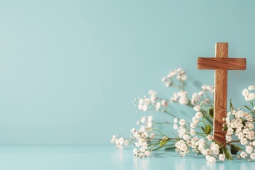 wooden cross and flowers on a light blue background, representing Christianity in the style of copy space Generative AI