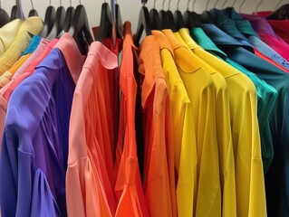A rack of colorful garments ready for a photoshoot or runway show.