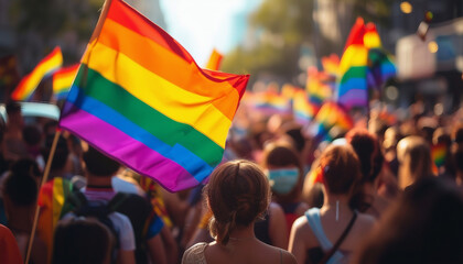 Among the streets, hundreds of people march with LGBTQ flags in the pride parade.
