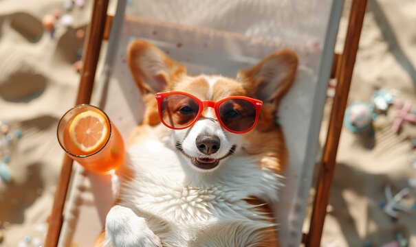 Happy corgi dog in sunglasses lying and drinking fresh cocktail on sun lounger on beach at sea, summer holidays concept