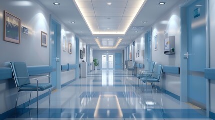 A long hallway filled with chairs lined against the walls displaying various pictures and artwork.