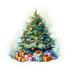 PNG watercolor christmas tree decorated with balls. Gifts under the Christmas tree isolated on a white paper background--ar 3:2