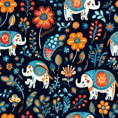 Floral Pattern with Playful Pachyderms