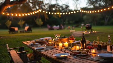 Evening, summer outdoor, outdoor barbecue, tables on the grass, food, string lights, distant views, dinner party atmosphere.
