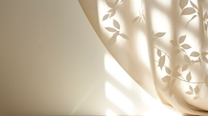 Close up of Curtains in beige Colors and Shadow of Windows. Studio Background for Product Presentation.