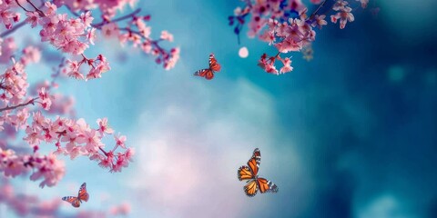 Spring banner, branches of blossoming cherry against background of blue sky and butterflies on...