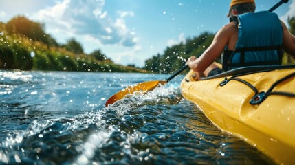 A man in a yellow kayak paddles down a river.