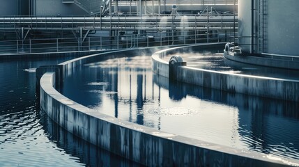 Facility treating industrial wastewater to remove contaminants before release into environment. Concept Industrial Wastewater Treatment, Contaminant Removal, Environmental Release - obrazy, fototapety, plakaty