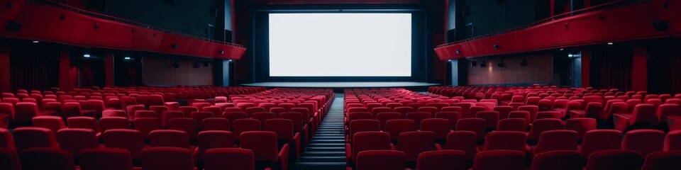 Stunning Wide Panorama of an Empty Movie Theater with Vibrant Red Seats and a Large Screen, Perfect for Film Events