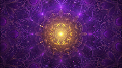 Intricate Purple and Gold Mandala Design with Central Glow - Detailed Spiritual Symbol for Meditation and Yoga Backgrounds - High-Quality Decorative Digital Artwork.
