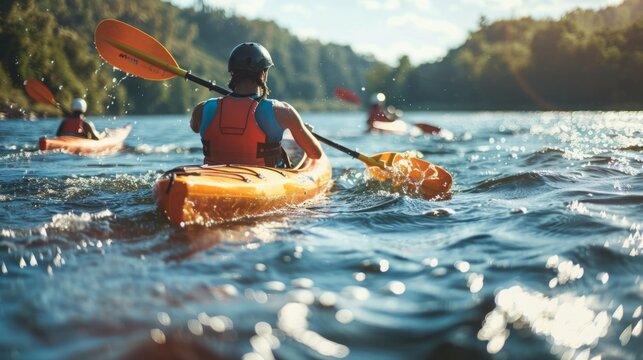 A group of individuals paddling in kayaks down a river, surrounded by water and greenery.