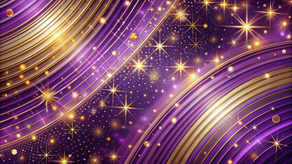 Abstract Purple and Gold Festive Background with Dynamic Circular Patterns and Sparkling Stars - Elegant Wallpaper Design for Celebration, Invitation, or Luxury Branding.