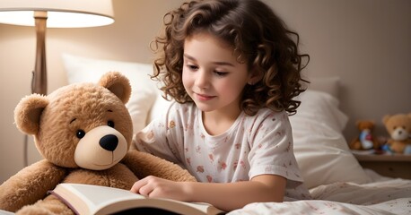 A girl around 5 years old, sitting on a bed and reading a book while hugging a teddy bear