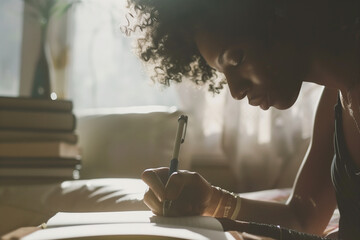 A woman writing in a gratitude journal.