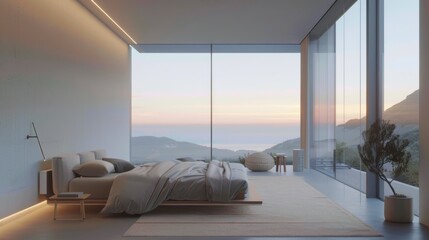 Luxurious modern bedroom with panoramic ocean view at Sunrise