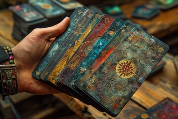 Mystical tarot cards with intricate designs held in hand