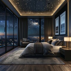 Luxurious nighttime penthouse bedroom with starlit ceiling and cityscape view