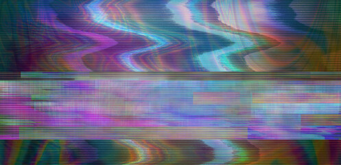 Background texture of retro CCTV or VHS video with multicolored noise and horizontal lines. Conceptual illustration of a broken computer screen. © local_doctor