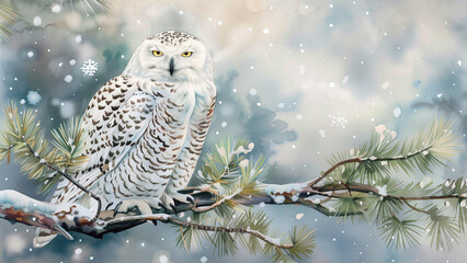 Snowy Owl Perched on a Pine Branch Against a Wintry Scene - Captivating Nature and Wildlife.
