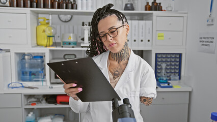 Amputee hispanic woman scientist meticulously reading crucial document, relishing doubt, while...