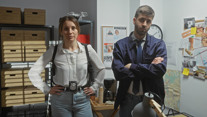 A woman and man, portraying detectives, stand confidently in a cluttered office, with arms crossed...