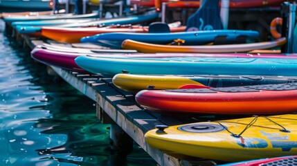Obraz premium A row of colorful kayaks lined up next to each other, ready for water sports or adventures.