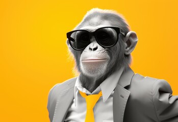 Chimpanzee in sunglasses close-up. Portrait of a chimpanzee. Anthopomorphic creature. Fictional character for advertising and marketing. Humorous character for graphic design.