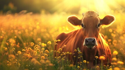 red cow in a meadow at dawn with the sun in the background in high resolution and high quality HD