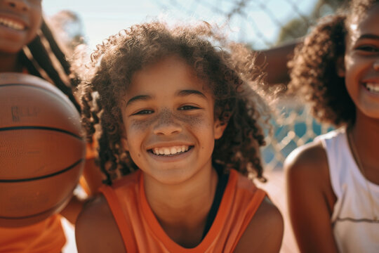 Happy African American kid playing basketball with friends in the schoolyard, focused on the face of a smiling girl with curly hair and a big smile looking at the camera while holding the ball. - Powered by Adobe