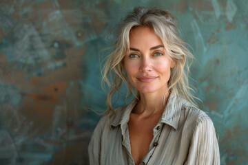 Middle-age woman standing in front of blue textured wall, portrait for advertising