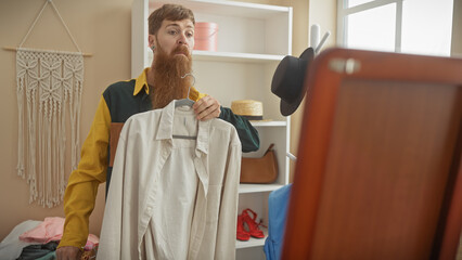 Redhead bearded man inspecting a shirt in a tailor shop mirror, reflecting a stylish room interior.