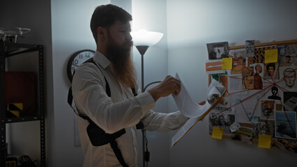A bearded man reviews documents at night in a dimly lit police investigation room with an evidence...
