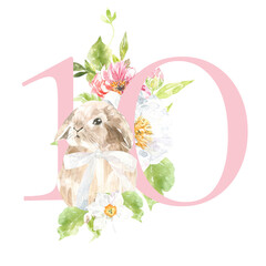 Watercolor spring ester bunny duck botanical numbers,table number clipart, save the date,child birthday invitation, celebration card design peony tulip cute baby shower flowers green clipart, leaves