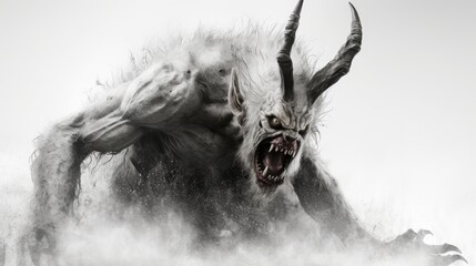 Scary monster on a white background. Horrific monster head.