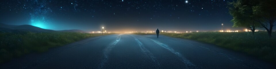 The solitude of a night drive is captured in this abstract scene, with sparse headlights, a luminous moon, and a star-studded sky.