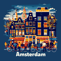 A colorful cityscape of Amsterdam with people on bikes and a few cars. The city