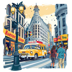 A painting of a city street with a yellow car and a bus. The street is busy with people walking and cars driving