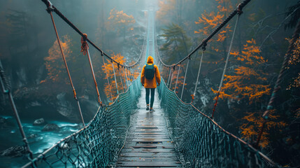Person walking across suspension bridge in forest