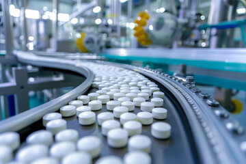 Manufacturing tablets and capsules. Close-up Shot of Medical Drug Production Line. Pharmacy concept.