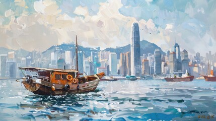 Hong Kong harbour with junk boat