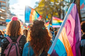 Back view Group of people raising rainbow flags, posters for LGBT rights, gender equality. 