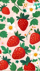 Clean and repeat seamless pattern of strawberries with floral ornaments, flowers and leaves in the background scene. Vector illustration. Generative AI