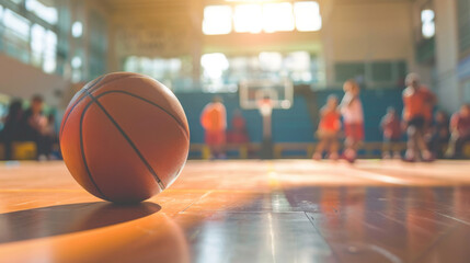 Closeup of a basketball on a wooden floor in a gymnasium, with a blurred background of people and stands, sunlight falls through windows in the style of an impressionist artist. - Powered by Adobe