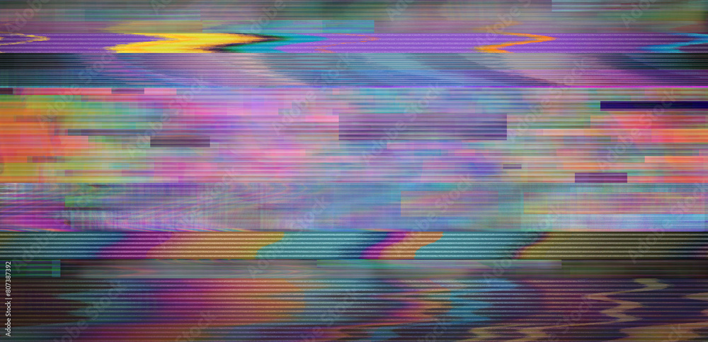 Wall mural retro cctv or vhs video background texture with colorful noise and horizontal scanlines.