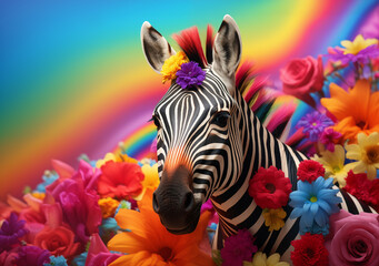 zebra with rainbow flowers