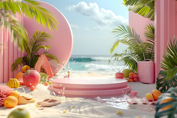 Obraz premium Empty stylish beach podium 3D mockup background for beauty product presentation concept. Summer copy space platform surrounded by palm leaves . Cosmetics, perfume or home goods sales advertising stand