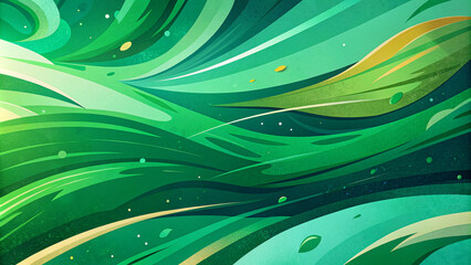Abstract green waves pattern with dynamic swirls and golden speckles on a textured background – modern digital art illustration.