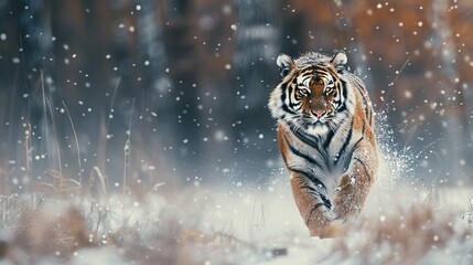 Tiger in wild winter nature, running in the snow. Siberian tiger, Panthera tigris altaica. Action...