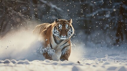 Tiger in wild winter nature, running in the snow. Siberian tiger, Panthera tigris altaica. Action...