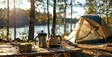 A serene morning at a lakeside campsite with coffee service on a wooden table and a tent in the background